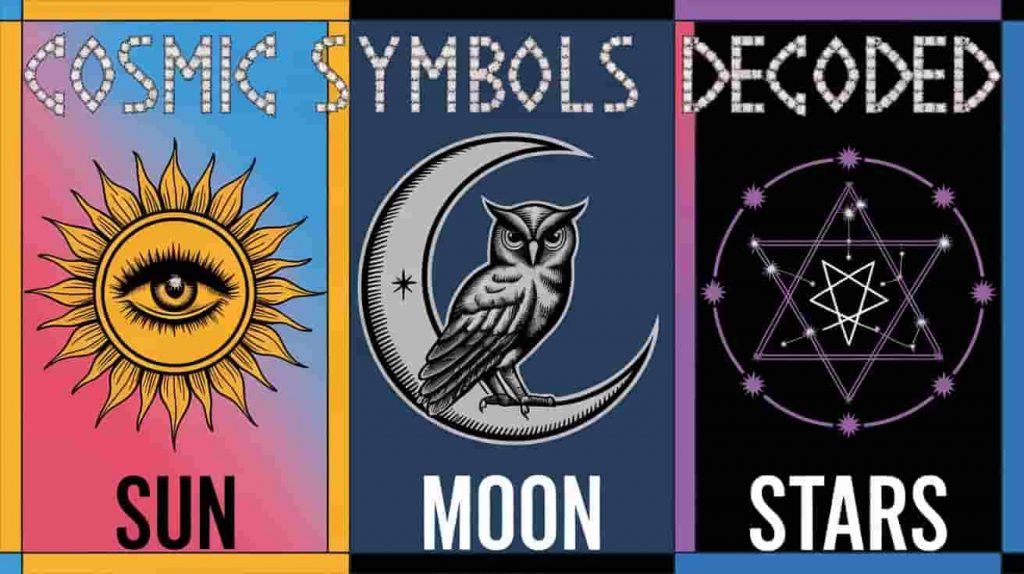 Triptych image showcasing spiritual symbols: a golden eye within a sun, a silver crescent moon with an owl, and a star constellation forming a pentagram, representing the diverse spiritual meanings of celestial bodies.