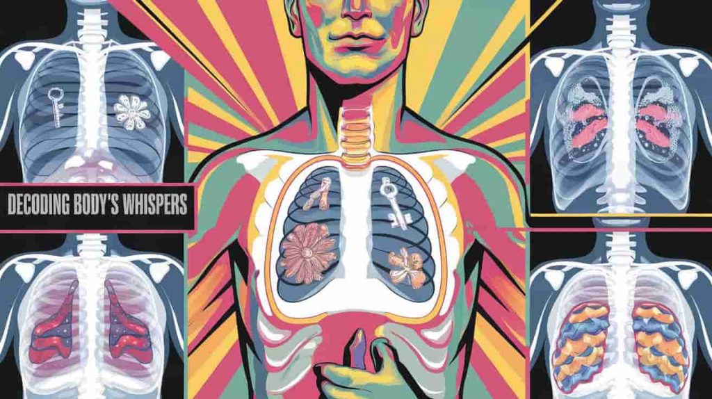 A Peter Max-inspired pop art image of a human torso with multiple chest x-rays revealing symbolic elements, representing the symbolic meanings and messages of spiritual chest pain.
