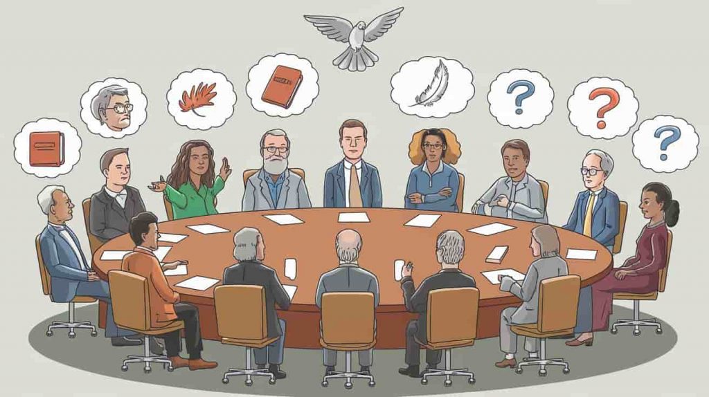 Round table discussion with diverse Christian representatives, each with thought bubbles containing different symbols, illustrating various theological perspectives on angelic communication.