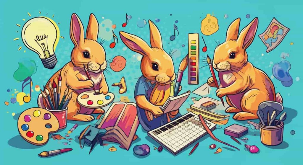 Three rabbits surrounded by various artistic tools and creative symbols, encouraging nurturing of creative potential.