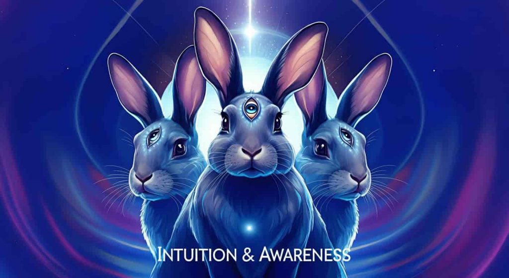 Three alert rabbits with glowing third eye symbols, representing heightened intuition and spiritual awareness.