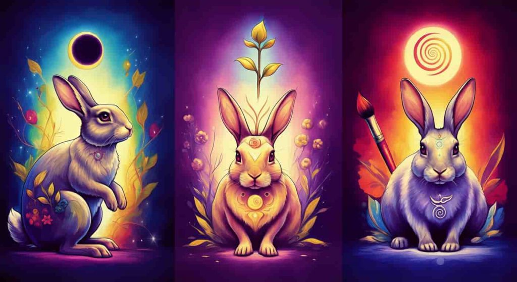 Illustration depicting various spiritual symbols associated with three rabbits, including fertility, creativity, and balance.