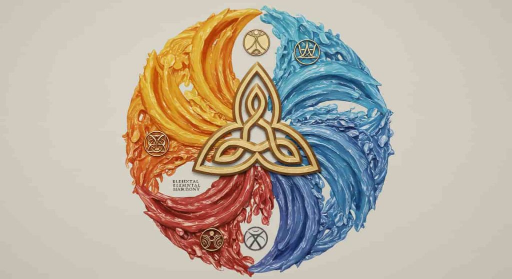 Intricate elemental mandala centered on a triquetra, with each point blending into fire, air, and water, symbolizing elemental balance 