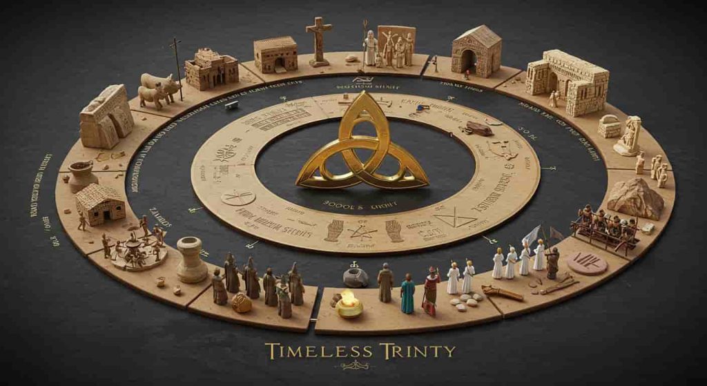 Spiraling timeline centered around a triquetra, illustrating its historical evolution through various cultures and time periods, with "Timeless Trinity" incorporated.