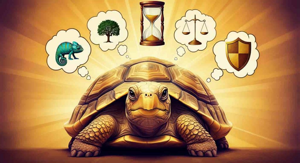 Conceptual image of a turtle imparting wisdom, with thought bubbles containing symbols of patience, inner strength, and adaptability.