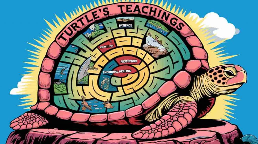 A turtle shell transformed into a labyrinth containing scenes of life lessons, symbolizing the spiritual messages and teachings of turtles.