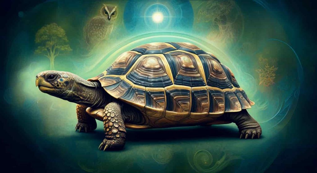 Illustration depicting various spiritual symbols associated with turtles, including wisdom, protection, and balance between earth and water.