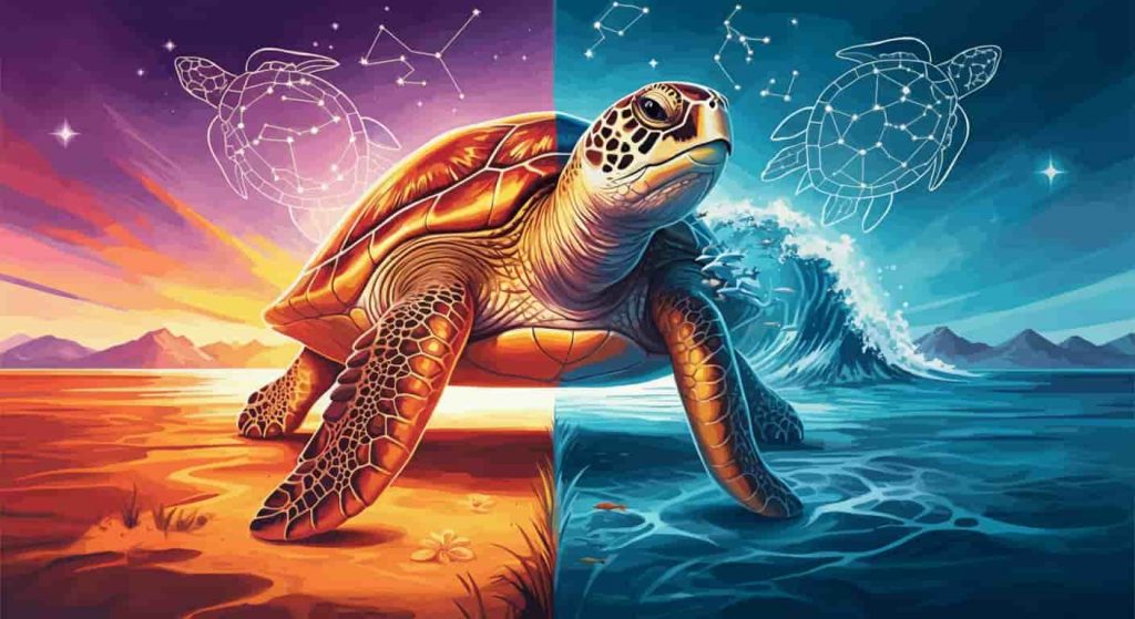 A turtle divided between earth and water elements, with turtle constellations above, representing the balance of turtle spiritual symbolism.
