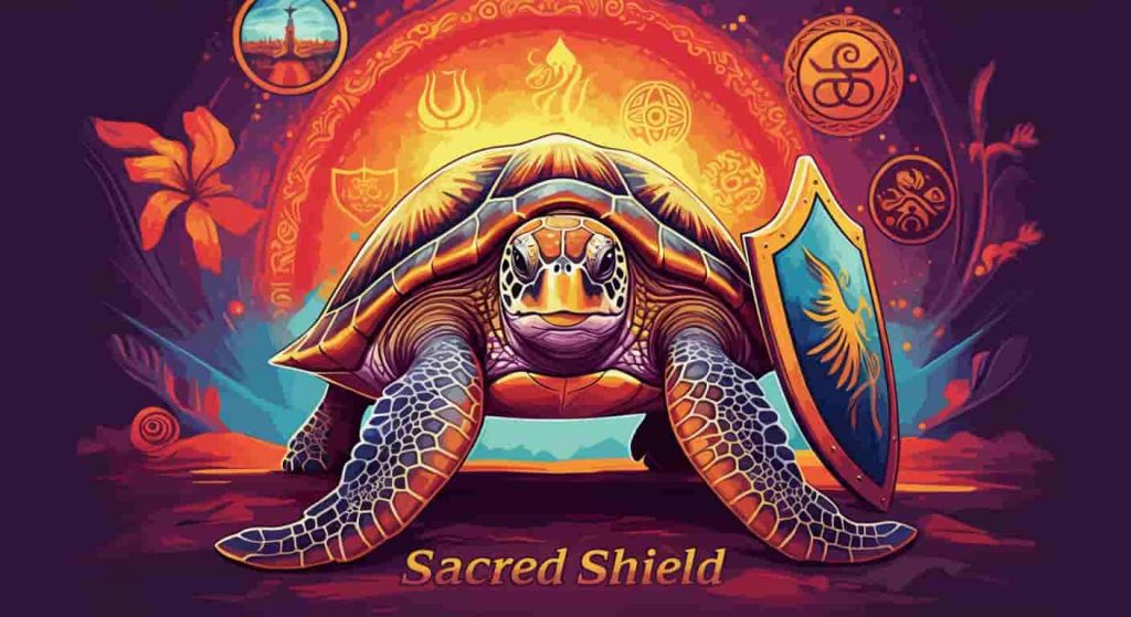 A turtle with a shell transformed into an intricate protective shield, surrounded by various cultural symbols of safety, representing the turtle's spiritual meaning of protection.