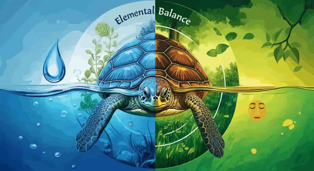 Split-screen image showing a turtle half-submerged in water and half on land, symbolizing balance between different life aspects.