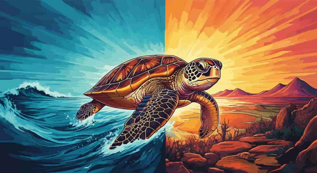A turtle navigating seamlessly through changing environments from sea to land, symbolizing the spiritual lesson of adapting to life's changing tides.