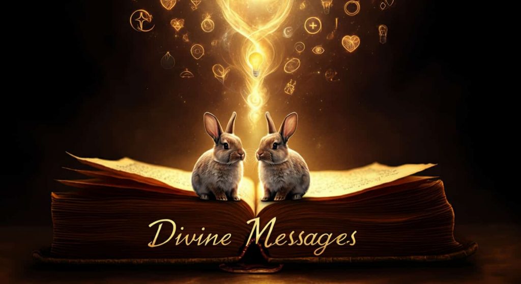 Two rabbits perched on an ancient book with swirling energy above forming shapes representing spiritual lessons, symbolizing divine messages and wisdom.