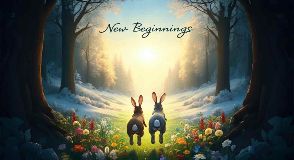 Two rabbits leaping from a dark forest into a bright, flowering meadow, symbolizing new beginnings and fresh starts in spiritual journeys.