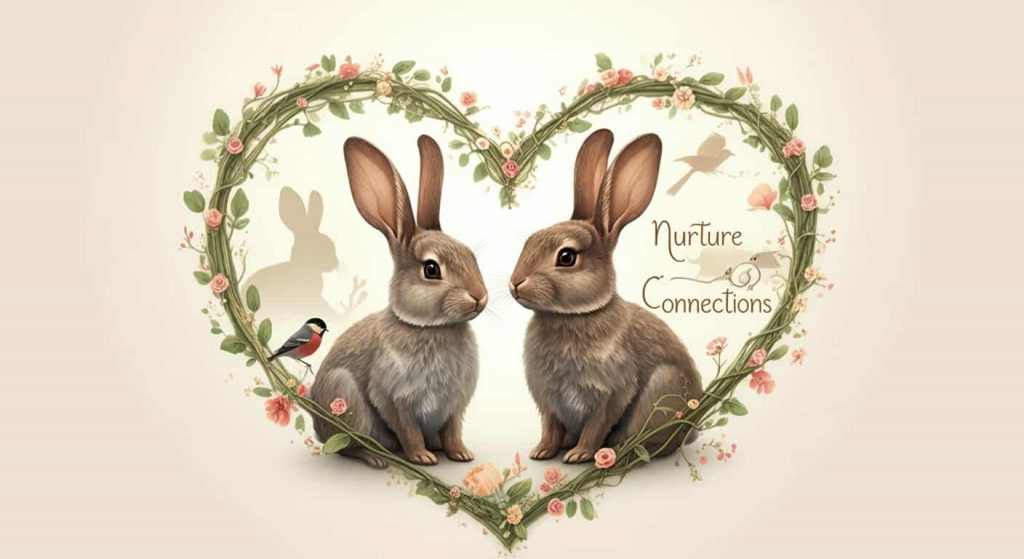 Two rabbits grooming each other within a heart-shaped border of vines and flowers, surrounded by silhouettes of other animal pairs, representing the nurturing of relationships and connections.