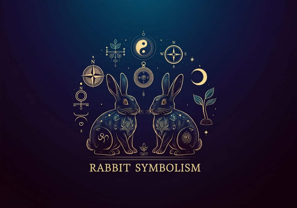 Silhouettes of two rabbits surrounded by symbols of fertility, balance, intuition, and new beginnings, illustrating the spiritual meanings associated with seeing two rabbits.