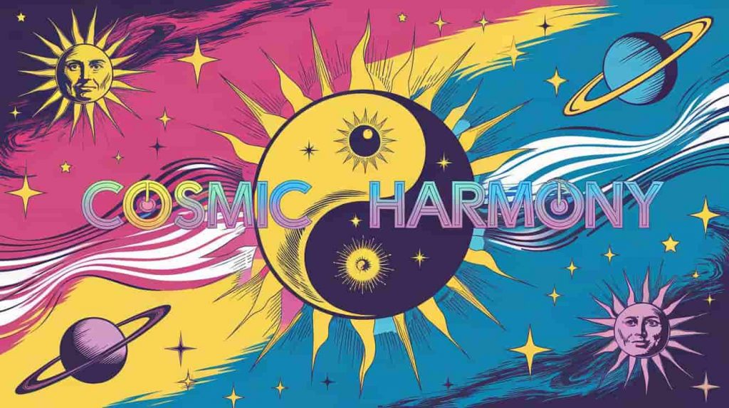 Yin-yang symbol formed by sun and moon with scattered stars and orbiting planets, representing the unity and harmony of celestial bodies in spirituality.