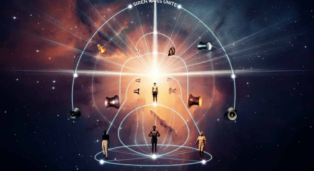 A global network of light beams from sirens worldwide, converging to form a luminous representation of universal consciousness, with connected silhouettes of diverse people against a cosmic background, titled "Siren Waves Unite".