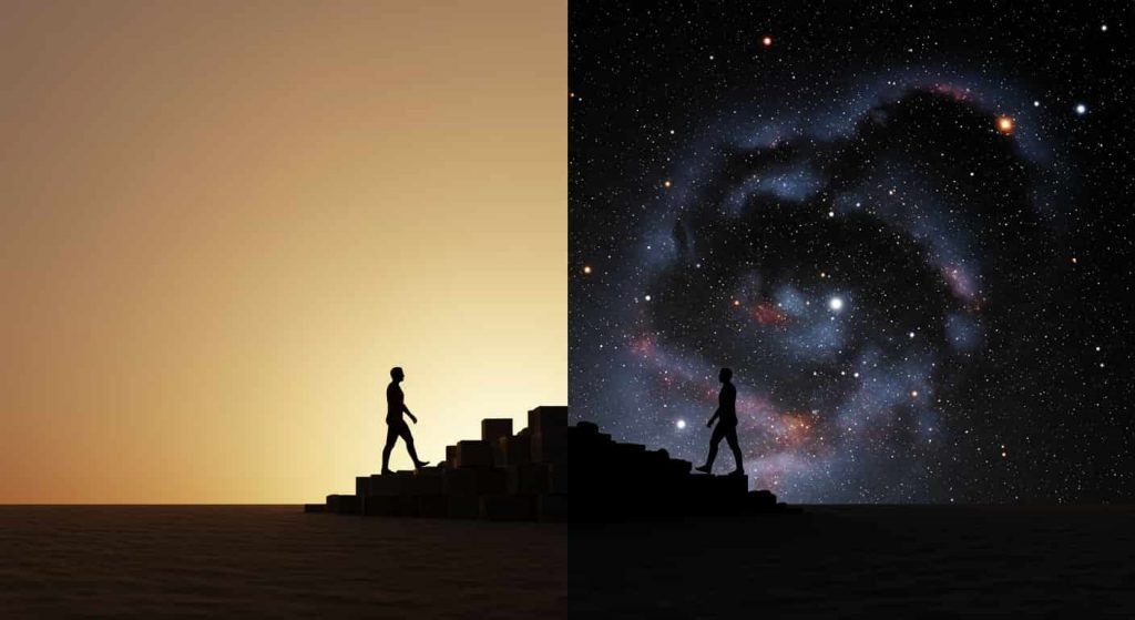 Conceptual 3D artwork showing a silhouette stepping from a structured environment into a cosmic void with black stars and galaxies, symbolizing embracing the unknown for self-discovery