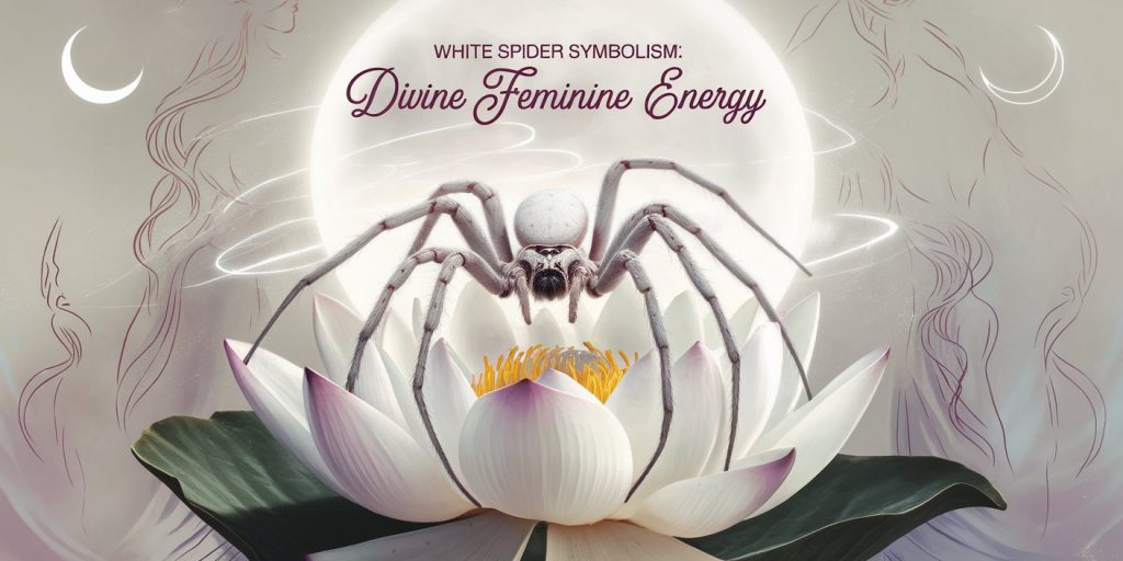 A white spider emerging from a blooming white lotus, surrounded by a moonlight aura, with silhouettes of feminine figures and crescent moons, text reads "White Spider Symbolism: Divine Feminine Energy".