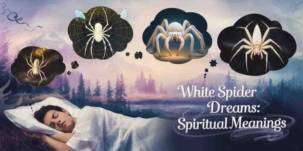 Dreamlike image of a sleeping person with thought bubbles showing white spiders in various scenes, using soft edges and dreamy colors, text reads "White Spider Dreams: Spiritual Meanings".