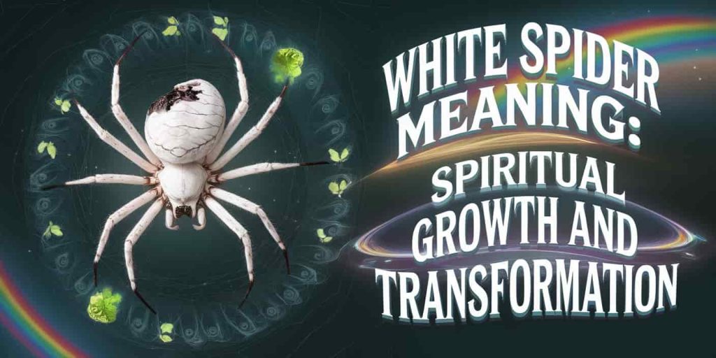 A white spider molting, surrounded by spiraling energy patterns and symbols of growth, with a subtle rainbow background and text reading "White Spider Meaning: Spiritual Growth and Transformation".