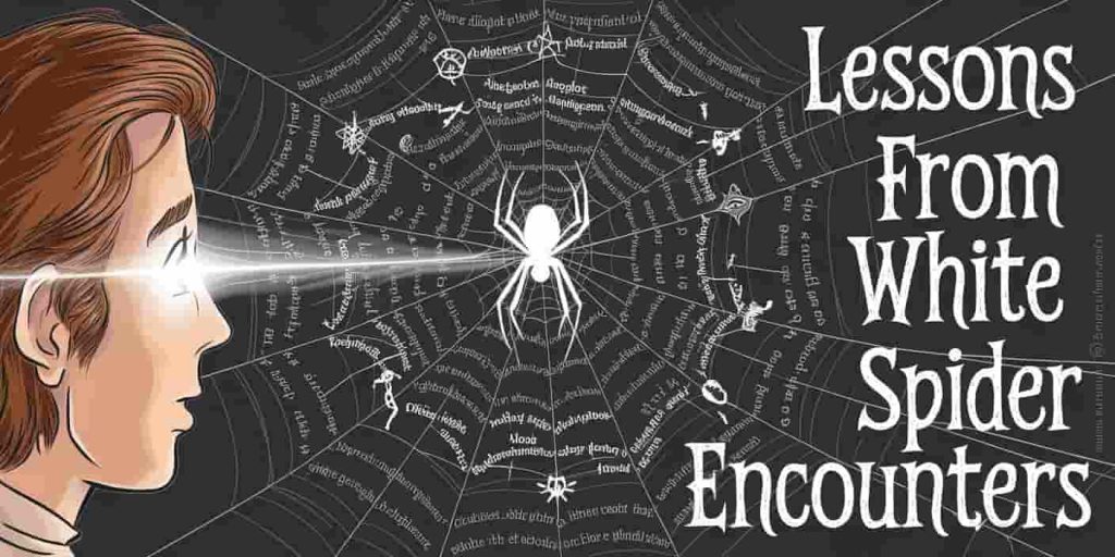 A newspaper cartoon of a person observing a white spider on its web. The web is intricately designed with symbols and words representing different spiritual lessons, such as patience, balance, and intuition. A soft, white light connects the person's eyes to the spider. The text "Lessons from White Spider Encounters" is written in a font that appears to be part of the web.