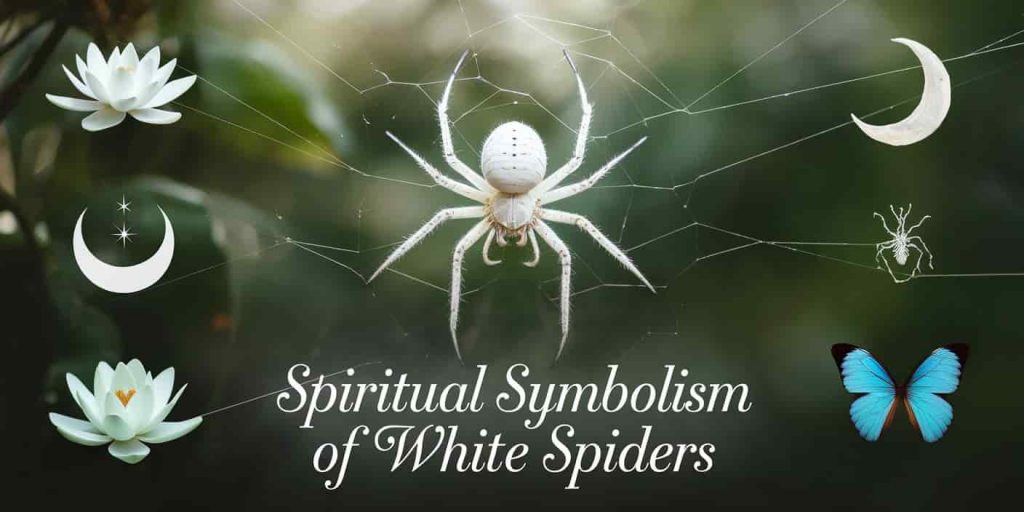A white spider in a serene natural setting, surrounded by symbols of purity, intuition, and transformation, with soft white light emanating from it and the text "Spiritual Symbolism of White Spiders".