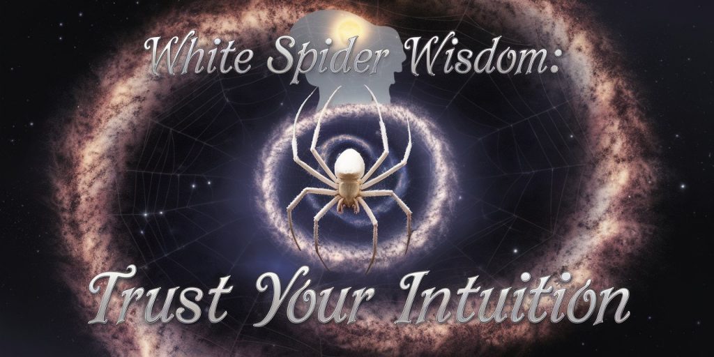 A white spider sits at the center of a web shaped like a spiral galaxy. The spiral is composed of tiny, glowing stars. In the background, there is a silhouette of a human head with a glowing third eye. There is the text "White Spider Wisdom: Trust Your Intuition" in a cosmic, flowing font.