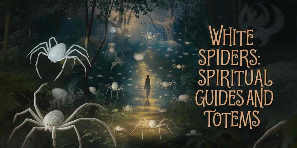 Mystical forest scene with ethereal white spiders guiding a person along a luminous path, subtle animal totems in the background, text reads "White Spiders: Spiritual Guides and Totems".