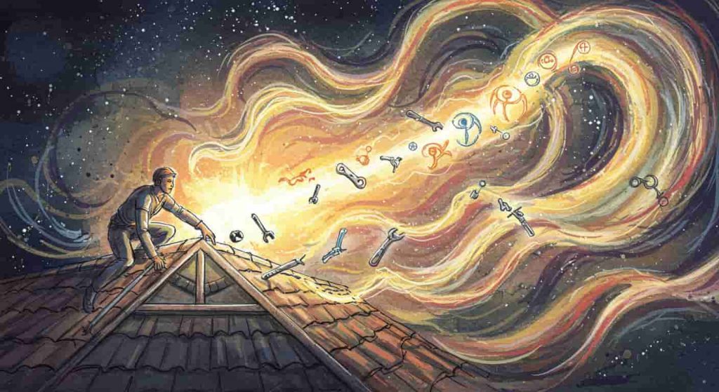 Impressionist watercolor and pen sketch showing a person repairing a symbolic roof of energy, with tools transforming into spiritual symbols, representing the process of addressing issues revealed in dreams.