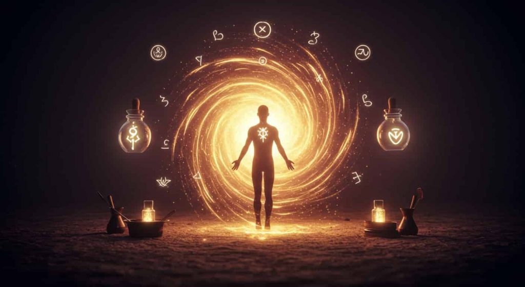 3D rendering of a person in a swirling energy vortex, purifying the scent of urine and surrounded by protective symbols.