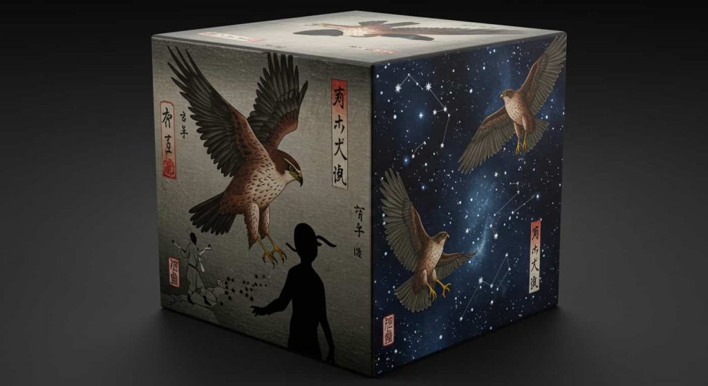 3D rendered cube blending Ukiyo-e and dark fantasy styles, showing three scenes of hawks guiding humans and stars, representing alignment with higher purpose.
