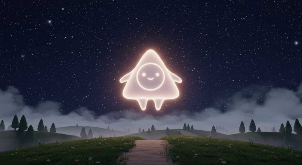 A Pixar-style cinematic 3D cartoon of a friendly, translucent spirit being, shaped like a triangle with a circle inside, floating in a whimsical, starry night sky above rolling hills and a winding path, symbolizing spiritual guidance and protection.