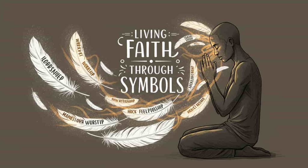 Doodle sketch of a person praying surrounded by white feathers transforming into aspects of Christian life, illustrating the application of symbolism to faith.