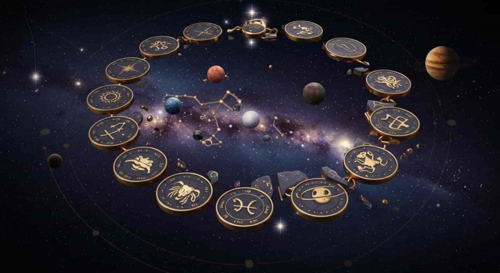 A striking 3D render of a dark fantasy painting depicting a fragmented necklace with embedded astrological symbols, set against a backdrop of a celestial, star-filled sky with planetary alignments, representing the astrological considerations related to a broken necklace.