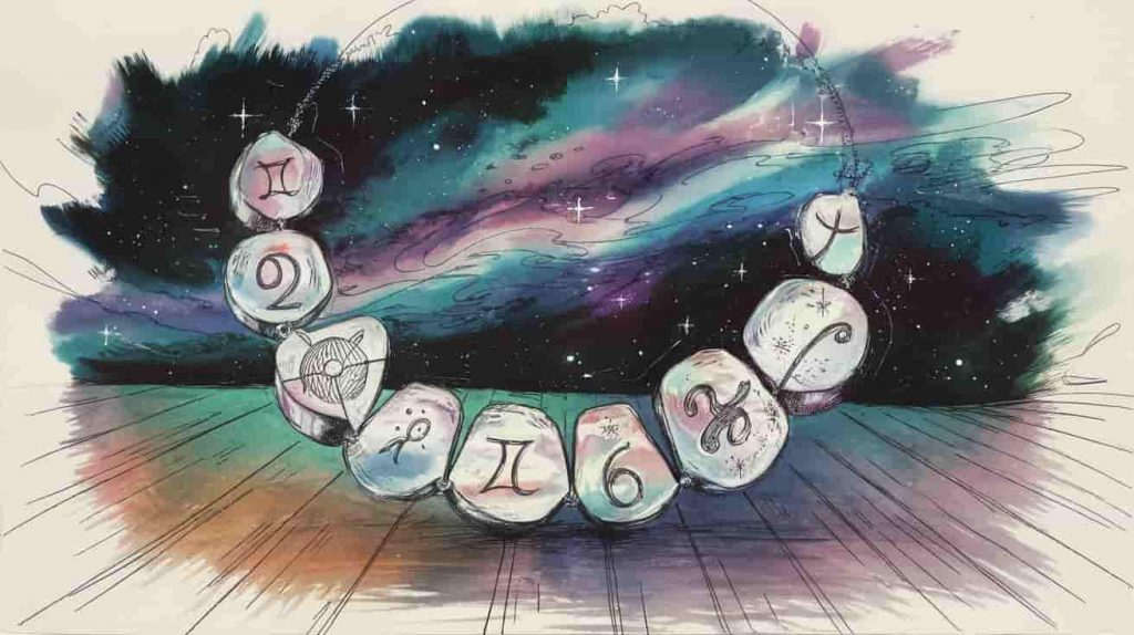 An epic impressionist sketch using watercolor and pen technique creating a beautiful blend of impressionism and minimalism, showing a fragmented necklace with astrological and numerological symbols integrated into its design, set against a backdrop of a vibrant, cosmic aurora, representing the connection between broken necklaces, astrology, and numerology.