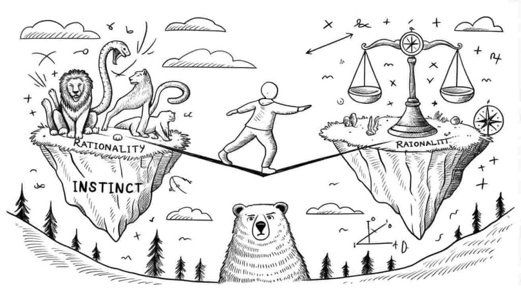 Doodle sketch depicting a person balancing on a tightrope between islands of instinct and rationality, with a watchful bear below, representing the balance sought in bear chase dreams.