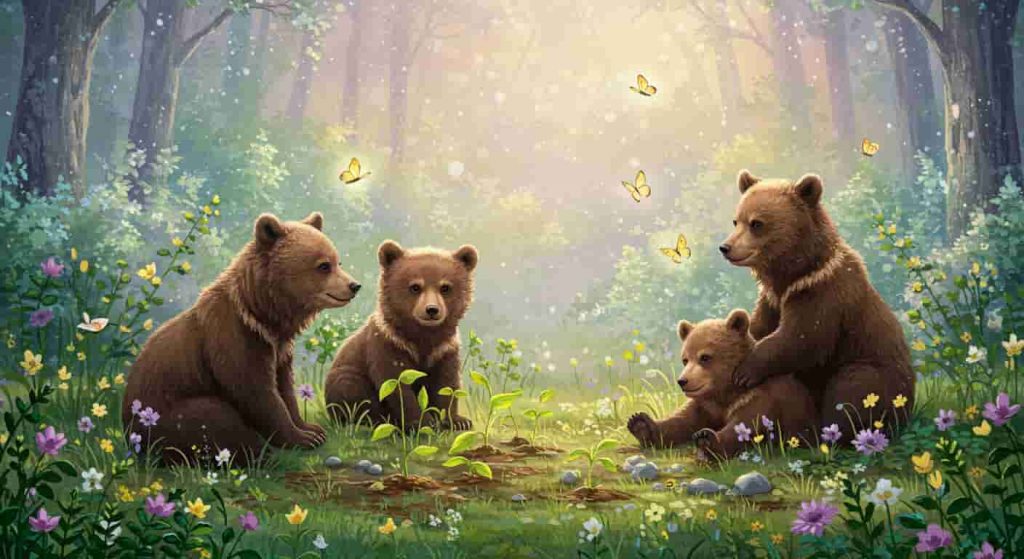 A dreamy forest glade with playful bear cubs surrounded by symbols of new beginnings and growth, representing the spiritual meaning of bear cub dreams.