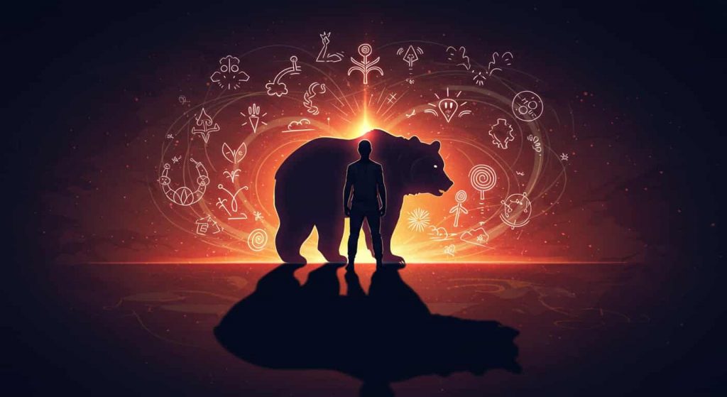 A confident person casting a bear-shaped shadow, surrounded by swirling energy and symbols of strength, illustrating the recognition of personal power through bear dreams.