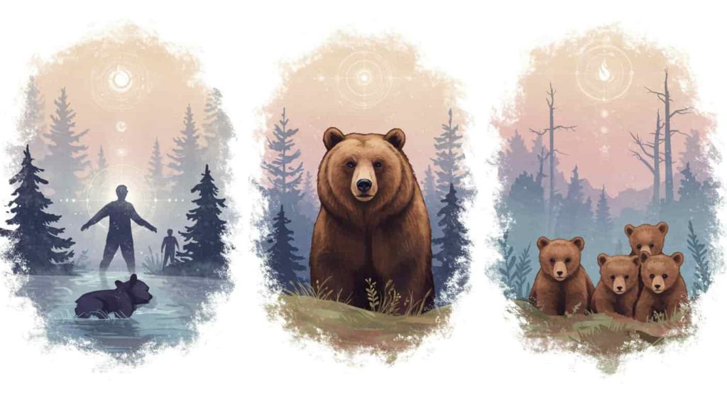 A triptych illustration depicting three common bear dream scenarios: being chased, encountering a friendly bear, and seeing cubs, with spiritual symbols subtly integrated.