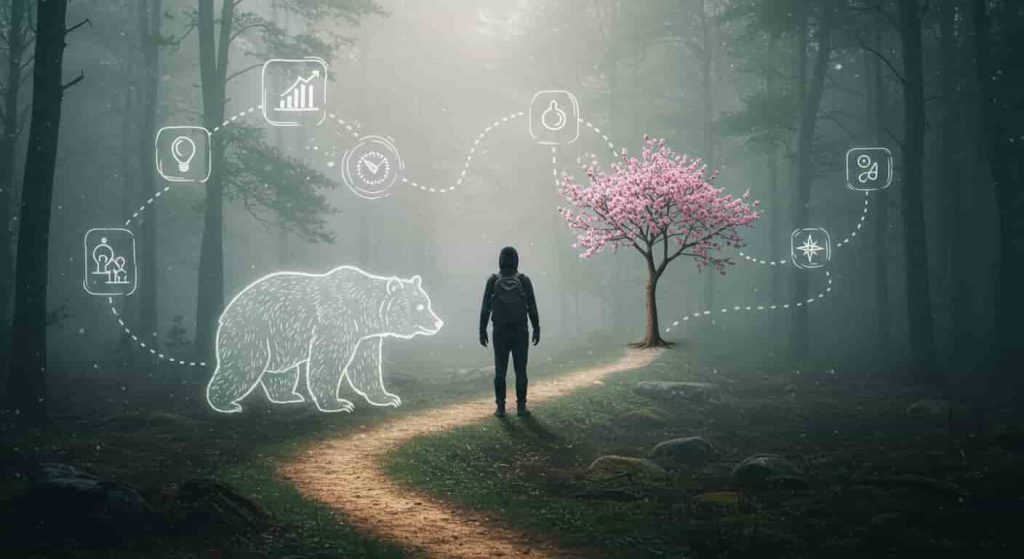A dreamlike forest scene with a person at a crossroads, guided by a translucent bear towards a path filled with symbols of personal growth and intuition.
