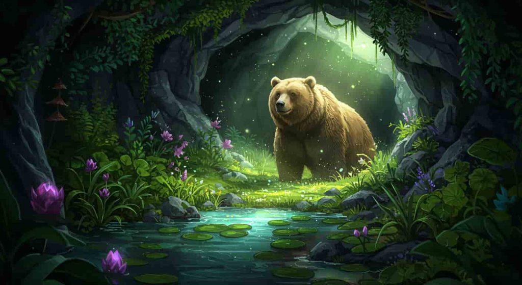 A bear emerges from a cave surrounded by healing plants and flowers, with soft light and water elements symbolizing spiritual renewal and healing.