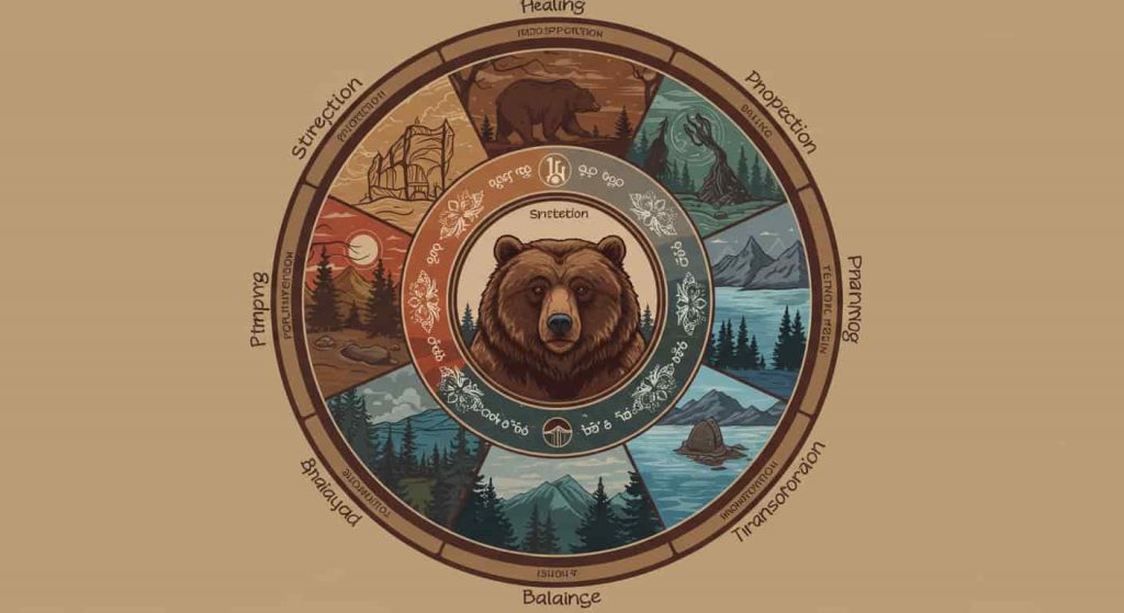 A circular mandala featuring a central bear image surrounded by seven sections depicting strength, protection, introspection, healing, balance, intuition, and transformation through nature symbols.