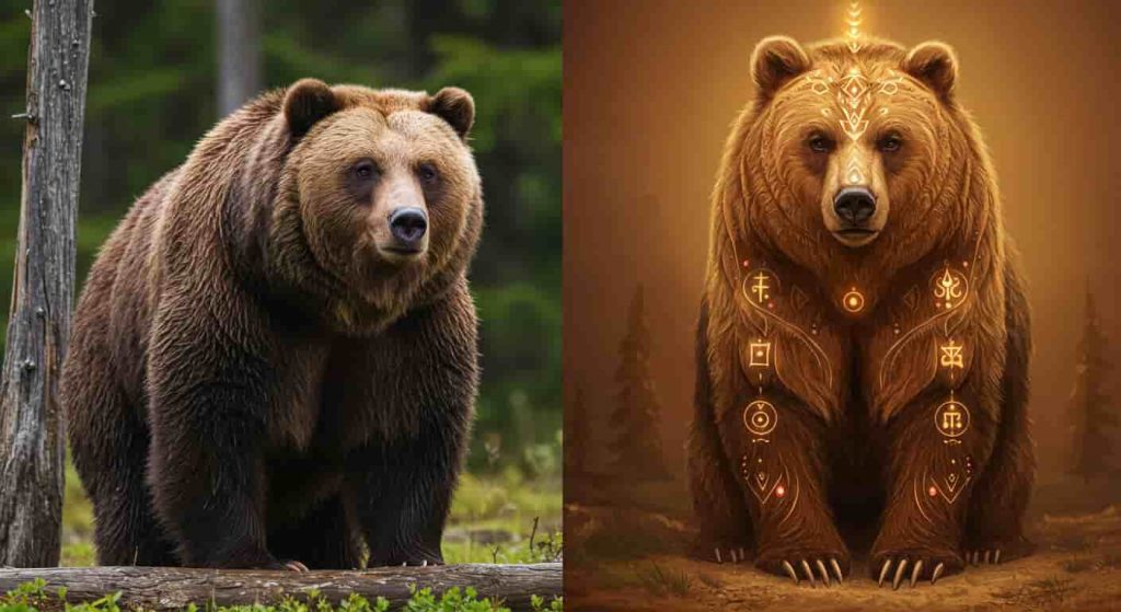 A split-screen image contrasting a realistic bear with a spiritual, symbolic representation, illustrating the bear's significance in various spiritual traditions.