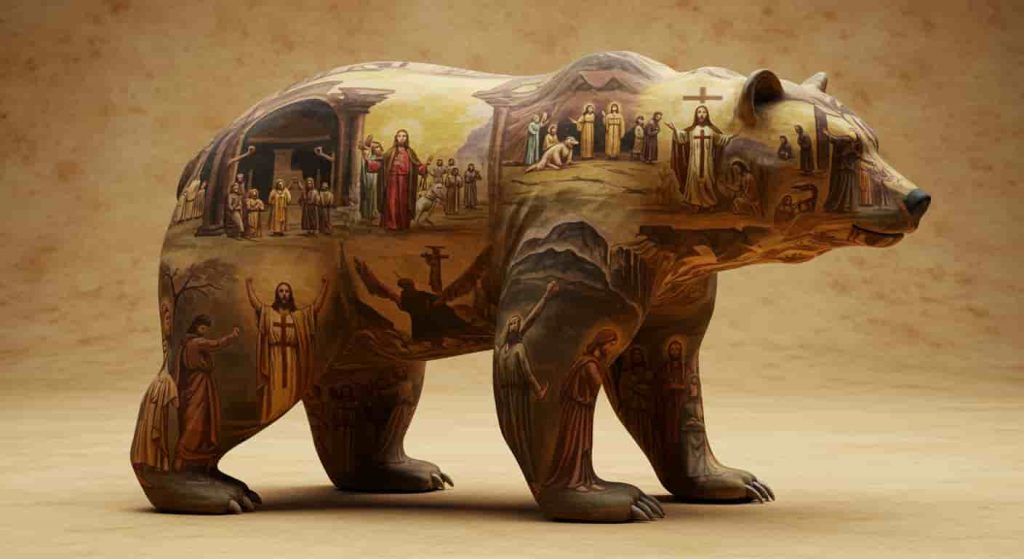 A 3D rendered bear silhouette filled with biblical scenes representing strength, judgment, protection, and spiritual transformation, illustrating the various spiritual meanings of bears in the Bible.