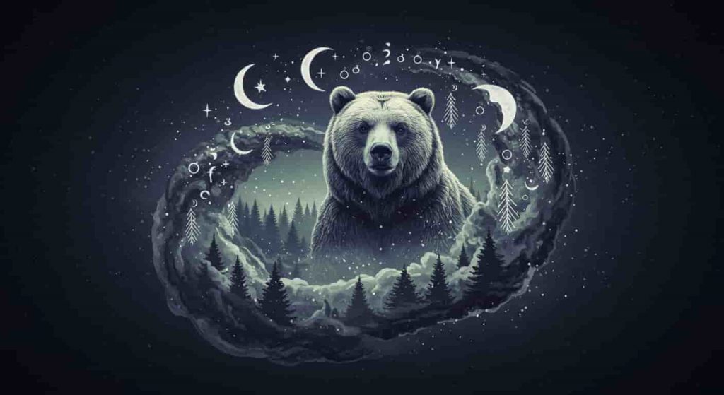 3D artwork depicting a wise bear emerging from a dream vortex, surrounded by celestial and forest symbols representing dream interpretation.