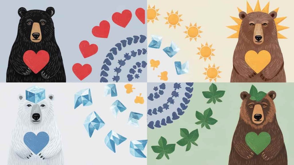 An image divided into four sections, each showcasing a different bear type (black, brown, polar, grizzly) with associated colors and spiritual symbols.