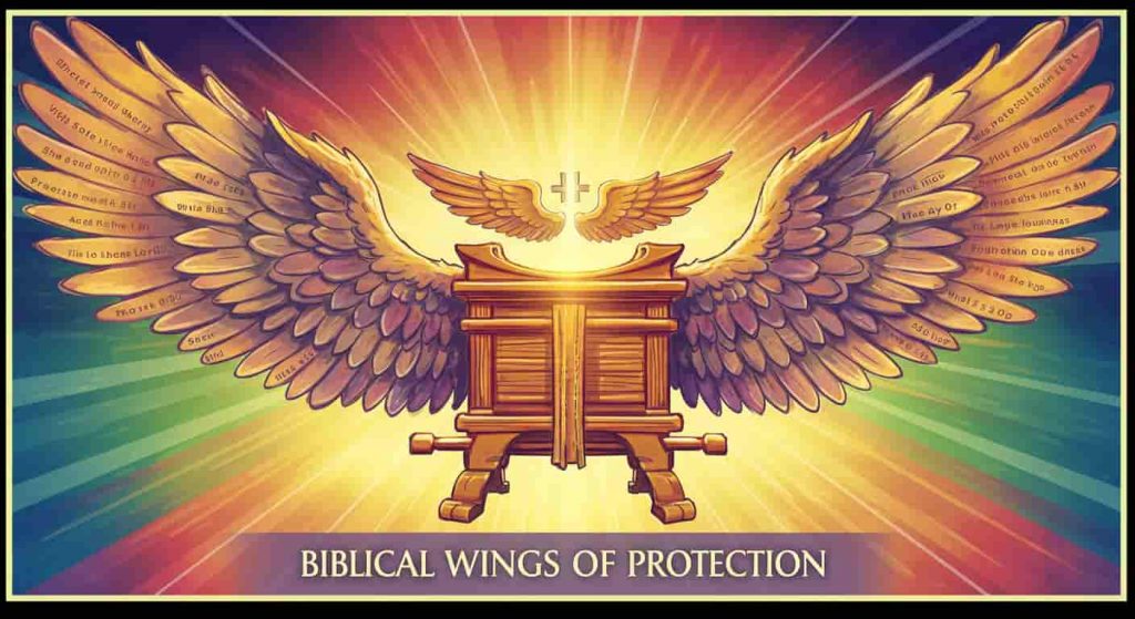 Pop art style image of the ark of the covenant with cherubim wings, featuring intricate feather details with Bible verses, symbolizing God's protection in scripture.