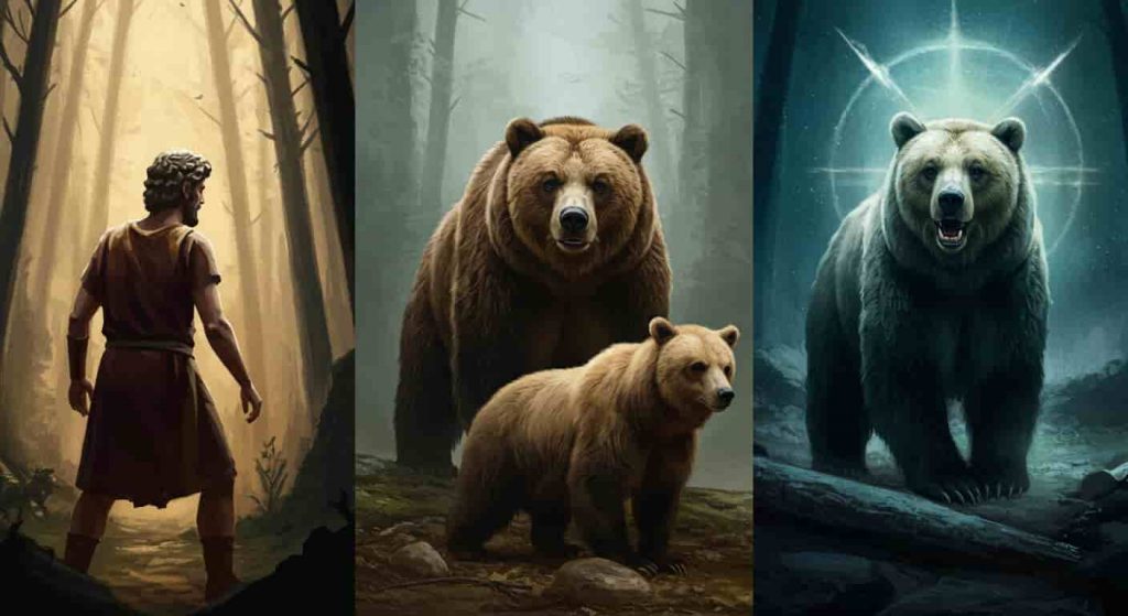 A triptych digital painting showcasing David facing a bear, Elisha and the she-bears, and a prophetic bear vision, illustrating key biblical narratives involving bears.