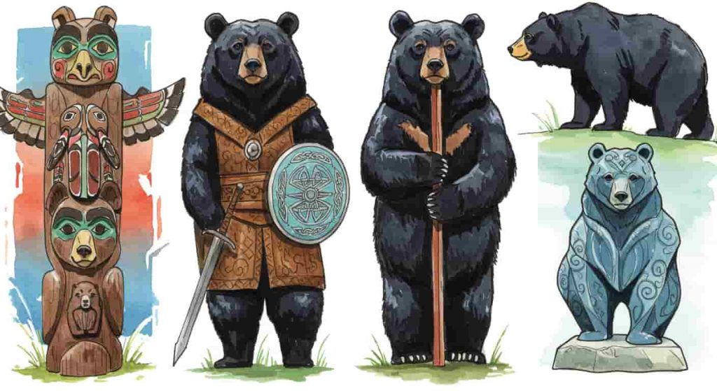 An impressionist watercolor and pen sketch depicting four cultural representations of black bears: Native American, Celtic, Chinese, and modern interpretations.